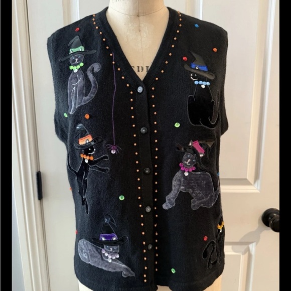 Vintage Halloween Cat Themed patch stone embellished Vest By Karen Scott Large - Picture 1 of 10